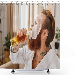 Personality  A Stylish Man With A Beard And White Robe Gracefully Sips From A Glass, Embodying Sophistication And Relaxation. Shower Curtains