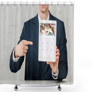 Personality  Cropped View Of Realtor In Suit Pointing With Finger At Digital Tablet With Foursquare App On White  Shower Curtains