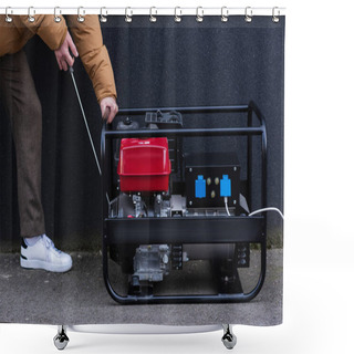 Personality  Partial View Of Man Starting Electricity Generator During Energy Blackout  Shower Curtains