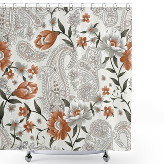 Personality  It's A Unique Digital Traditional Geometric Ethnic Border, Floral Leaves Baroque Pattern And Mughal Art Elements, Abstract Texture Motif, And Vintage Ornament Artwork Combination For Textile Printing. Shower Curtains