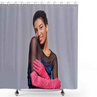Personality  Smiling And Trendy African American Model In Cocktail Dress And Pink Gloves Touching Arm And Looking At Camera While Posing Isolated On Grey, Modern Generation Z Fashion Concept Shower Curtains
