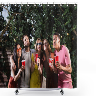 Personality  Cheerful Multiethnic Friends Holding Plastic Cups While Singing Karaoke In Garden At Night Shower Curtains