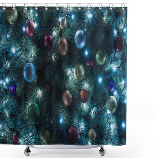 Personality  Close-up View Of Beautiful Christmas Tree With Colorful Balls And Illuminated Garland   Shower Curtains