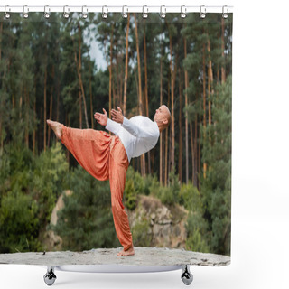 Personality  Barefoot Buddhist Practicing One Legged Backward Bend Pose Outdoors Shower Curtains