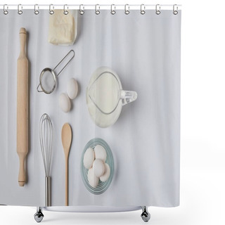 Personality  Top View Of Eggs And Milk On White Table Shower Curtains