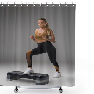 Personality  Sportive Young Woman Working Out On Step Aerobics Board On Grey Shower Curtains