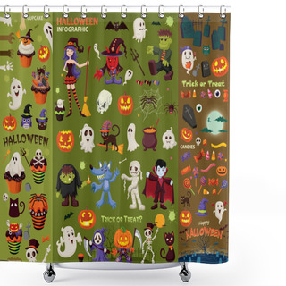 Personality  Vintage Halloween Poster Design Set With Vector Vampire, Witch, Mummy, Wolf Man, Ghost, Reaper, Pirate Character. Shower Curtains