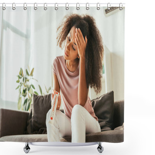 Personality  Unhappy African American Woman Looking At Thermometer Showing High Temperature And Holding Hand On Head Shower Curtains