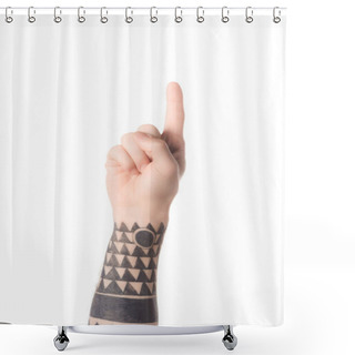 Personality  Cropped View Of Tattooed Man Hand Showing Number 1 In Sign Language Isolated On White Shower Curtains