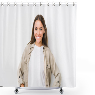 Personality  Young Caucasian Woman  Isolated Confident Keeping Hands On Hips. Shower Curtains