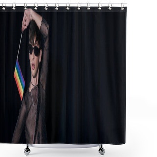 Personality  Young And Stylish Nonbinary Person In Sunglasses And Shiny Top Holding Rainbow Lgbt Flag During Pride Community Celebration Isolated On Black, Banner  Shower Curtains