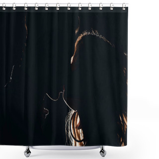 Personality  Side View Of Silhouettes Of Heterosexual Couple Kissing In Dark Shower Curtains