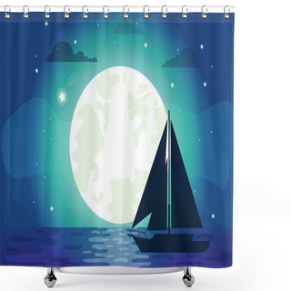 Personality  Silhouette Of Ship With Moon Vector Illustration Shower Curtains