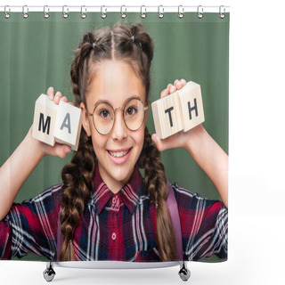 Personality  Portrait Of Schoolchild Holding Wooden Cubes With Word Math Near Blackboard Shower Curtains