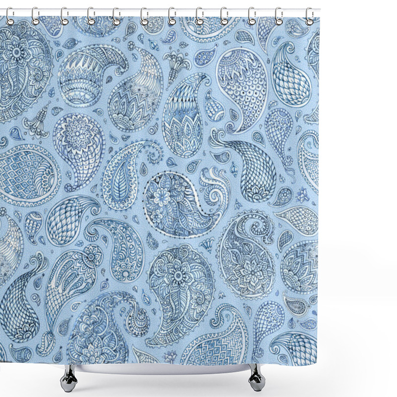 Personality  Paisley seamless pattern from fantasy flowers, leaves with watercolor painted texture. Blue, indigo, grey colors on a grunge blue background. Textile bohemian Batik floral print shower curtains