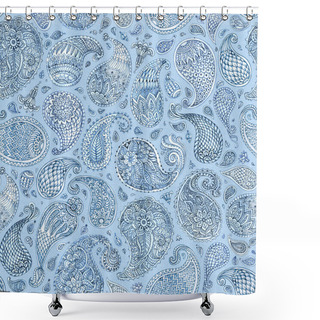 Personality  Paisley Seamless Pattern From Fantasy Flowers, Leaves With Watercolor Painted Texture. Blue, Indigo, Grey Colors On A Grunge Blue Background. Textile Bohemian Batik Floral Print Shower Curtains