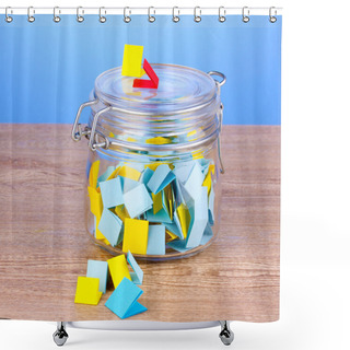 Personality  Pieces Of Paper For Lottery In Jar On Wooden Table On Blue Background Shower Curtains