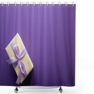 Personality  Top View Of Gift Box With Violet Ribbon On Purple Background With Copy Space Shower Curtains
