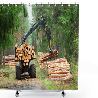 Personality  Lumberjack With Modern Harvester Working In A Forest. Shower Curtains