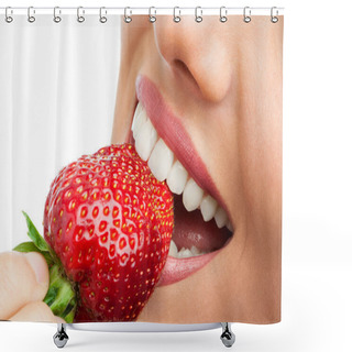 Personality  Extreme Close Up Of Teeth Biting Strawberry. Shower Curtains