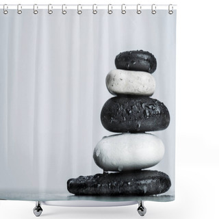 Personality  Close Up View Of Water Drops On Stacked Black And White Zen Stones On Wet Glass Isolated On Grey Shower Curtains