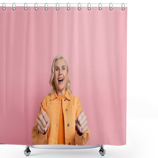 Personality  Amazed Blonde Driver Looking At Camera During Driving Course Isolated On Pink  Shower Curtains