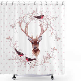 Personality  Reindeer And Bullfinches Round Vector Design Frame Shower Curtains
