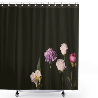 Personality  Close-up View Of Beautiful Floral Composition With Pink And Purple Flowers Isolated On Black Shower Curtains