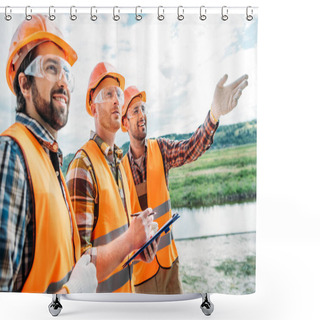 Personality  Group Of Builders In Hard Hats And Reflective Vests Pointing Somewhere Shower Curtains