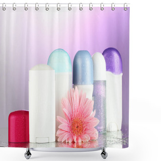 Personality  Deodorant Botttles With Flower On Purple Background Shower Curtains