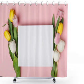 Personality  Spring Tulip Flowers With Blank Paper Isolated On Pink Shower Curtains