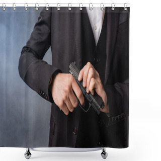 Personality  Partial View Of Armed Businessman In Black Suit On Grey Background With Smoke Shower Curtains