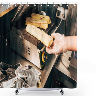 Personality  Cropped View Of Cook In Glove Preparing Doner Kebabs In Kebab Grill Shower Curtains