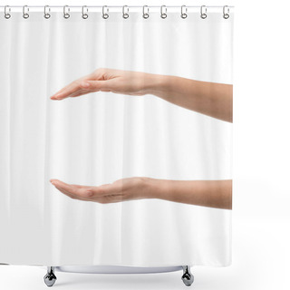 Personality  Cropped View Of Woman Showing Hold Gesture Isolated On White Shower Curtains