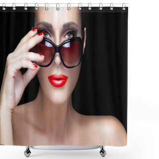 Personality  Fashion Model Woman In Black Oversized Sunglasses. Bright Makeup Shower Curtains