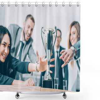 Personality  Close-up Shot Of Multiracial Businesspeople Trying To Catch Champion Cup Shower Curtains