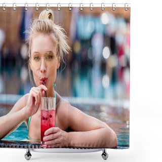 Personality  Beautiful Young Woman Drinking Fresh Cocktail At Poolside Shower Curtains