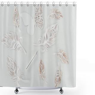 Personality  Top View Of Cut Paper Butterfly And Feathers Isolated On White  Shower Curtains