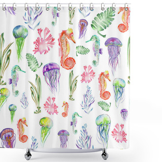 Personality  Pattern With Watercolor Seahorses, Jellyfish And Seaweed (algae) Shower Curtains