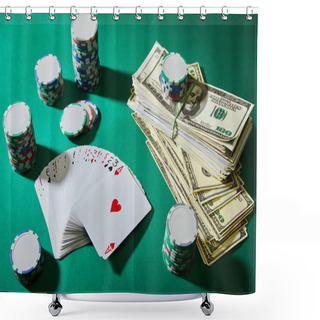 Personality  High Angle View Of Playing Cards, Casino Tokens And Dollar Banknotes On Green  Shower Curtains
