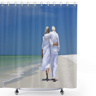 Personality  Rear View Of Senior Couple Walking Alone On A Tropical Beach Shower Curtains