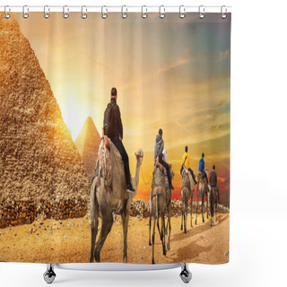 Personality  Camel Caravan And The Pyramids Of Giza In Egypt Shower Curtains