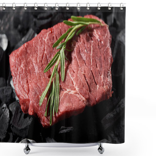 Personality  Close Up View Of Raw Beef Steak With Rosemary Twig On Charcoals Shower Curtains