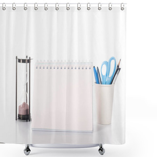 Personality  Close Up View Of Blank Calendar, Sand Clock And Office Supplies Isolated On White Shower Curtains