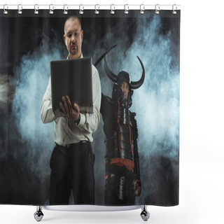 Personality  Man Using Laptop While Samurai Standing Behind Him With Sword Shower Curtains