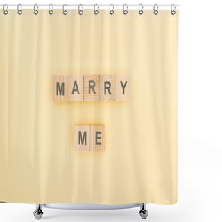 Personality  Top View Of Marry Me Lettering Made Of Wooden Blocks On Yellow Background Shower Curtains
