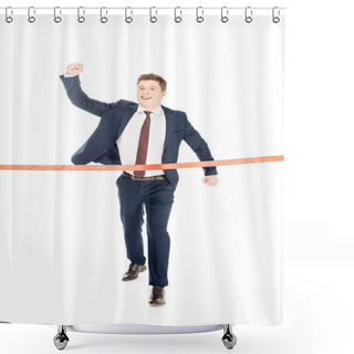 Personality  Successful Young Businessman Running To Red Finishing Line Isolated On White Shower Curtains