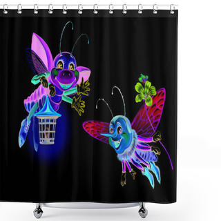 Personality  Funny Beetles With Lantern And Flower, Cartoon Fireflies, Isolated Characters On White Background Shower Curtains