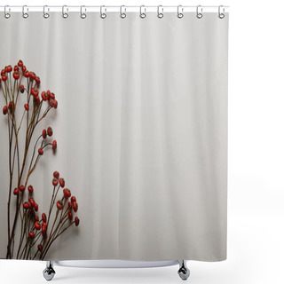 Personality  Top View Of Red Holly Berries On White Background Shower Curtains