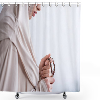 Personality  Partial View Of Young Arabian Woman Holding Rosary During Pray At Home Shower Curtains